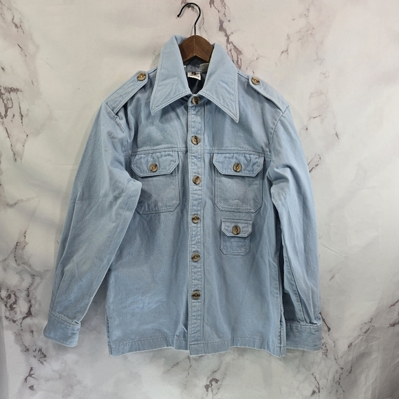 Vintage Shirt Jacket Womens Large Light Blue Shacket 70s Wood Button Velvet - Picture 1 of 15